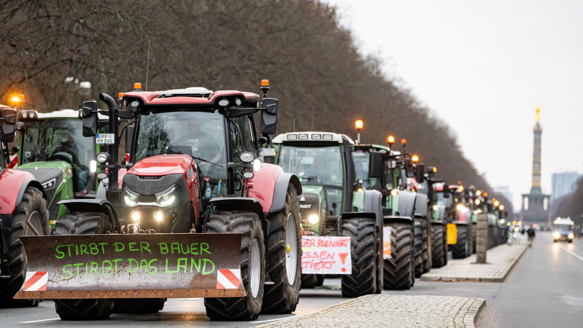 Landwirte nehmen mit Traktoren mit der Aufschrift "Stirbt der Bauer stirbt das Land" auf einer Demonstration des Deutschen Bauernverbandes unter dem Motto "Zu viel ist zu viel! Jetzt ist Schluss!" teil. Anlass sind die Pläne der Bundesregierung, den Agrardiesel und die Kfz-Steuerbefreiung für die Land- und Forstwirtschaft zu streichen. Landwirte nehmen mit Traktoren mit der Aufschrift "Stirbt der Bauer stirbt das Land" auf einer Demonstration des Deutschen Bauernverbandes unter dem Motto "Zu viel ist zu viel! Jetzt ist Schluss!" teil. Anlass sind die Pläne der Bundesregierung, den Agrardiesel und die Kfz-Steuerbefreiung für die Land- und Forstwirtschaft zu streichen.